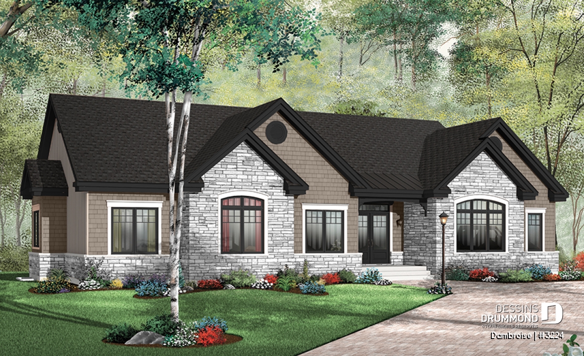 Version couleur no. 3 - Vue avant - Plan de maison plain-pied, 3 à 4 chambres, garage double, plafond 9', bureau, buanderie, superbe cuisine - Dambroise