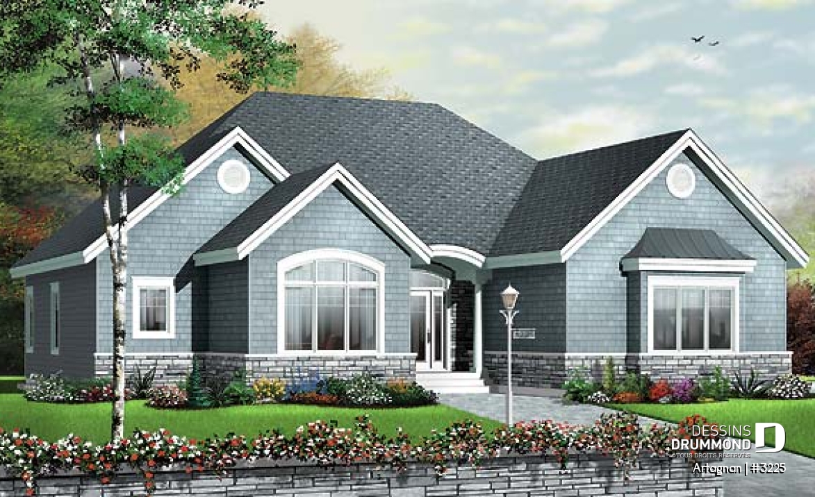 Vue avant - MODÈLE DE BASE - Plan de plain-pied avec garage double, plafond jusqu'à 12', cuisine avec îlot, 3 chambres, 2 salles de bain - Artagnan