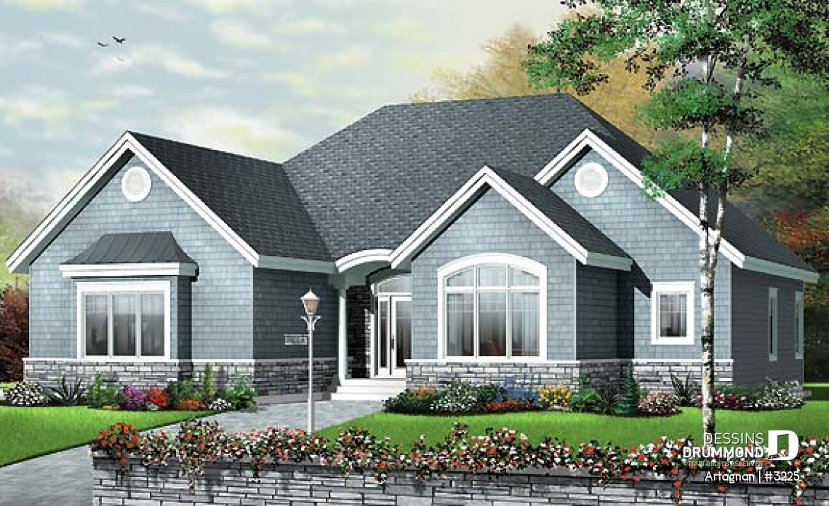 Vue avant - MODÈLE DE BASE - Plan de plain-pied avec garage double, plafond jusqu'à 12', cuisine avec îlot, 3 chambres, 2 salles de bain - Artagnan