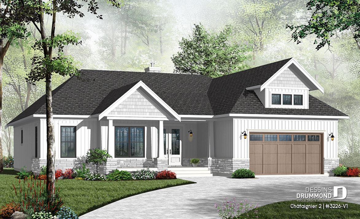 Vue avant - MODÈLE DE BASE - Plan de plain-pied style ranch, garage double, 3 chambres, 2 salles de bain, foyer, plafond 9 pieds partout - Châtaignier 2