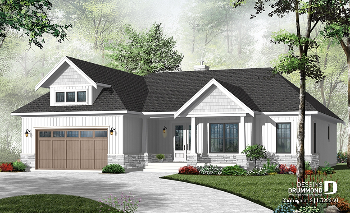 Vue avant - MODÈLE DE BASE - Plan de plain-pied style ranch, garage double, 3 chambres, 2 salles de bain, foyer, plafond 9 pieds partout - Châtaignier 2