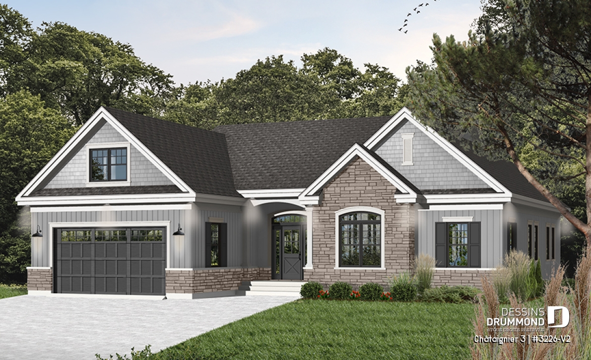 Vue avant - MODÈLE DE BASE - Plain-pied style ranch avec garage double, 2 à 4 chambres, superbe cuisine avec îlot, foyer, suite des parents - Châtaignier 3