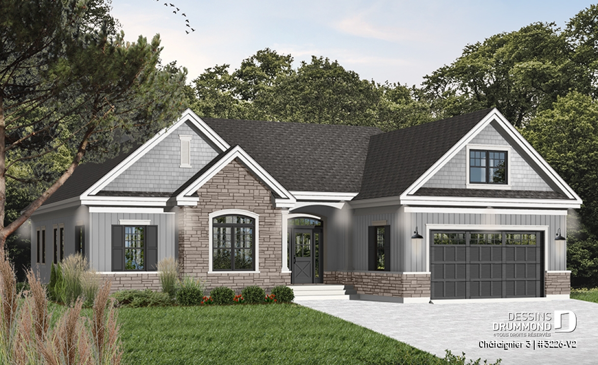 Vue avant - MODÈLE DE BASE - Plain-pied style ranch avec garage double, 2 à 4 chambres, superbe cuisine avec îlot, foyer, suite des parents - Châtaignier 3