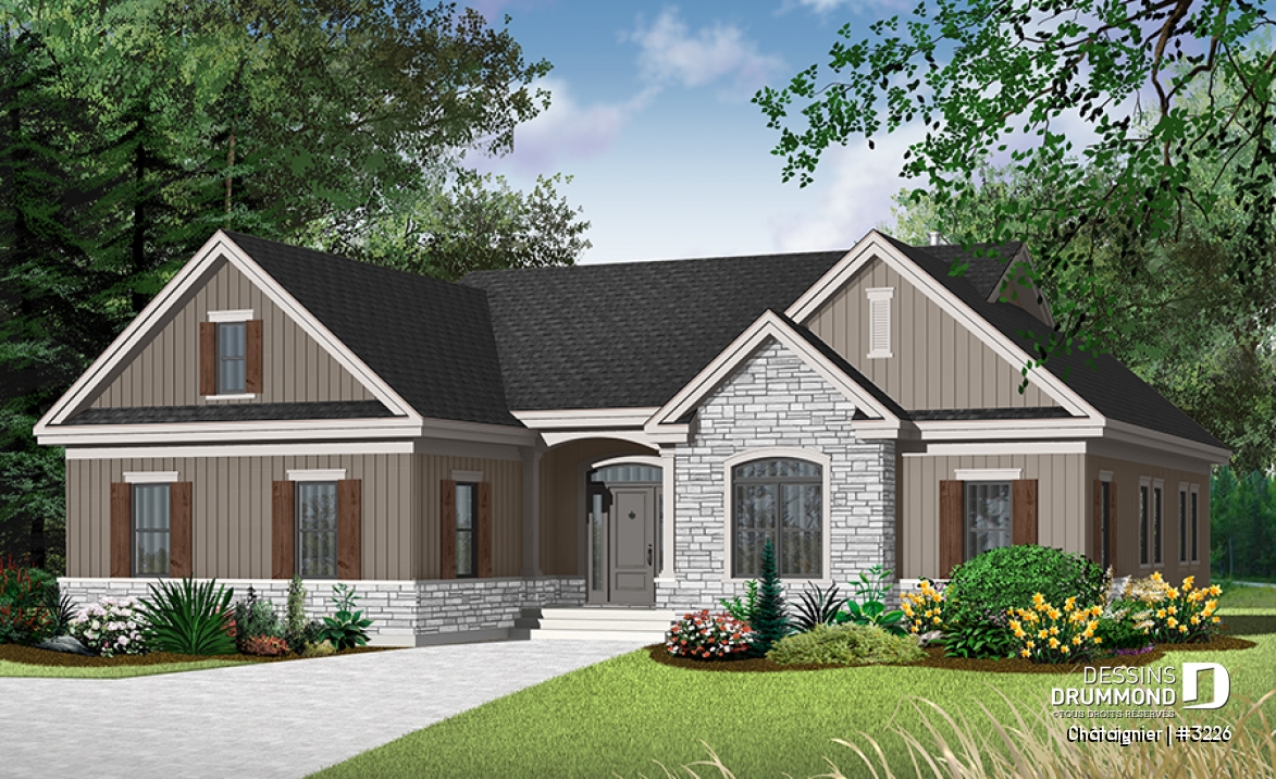 Vue avant - MODÈLE DE BASE - Plan de plain-pied américain 3 chambres, garage latéral double, superbe suite maîtres, foyer, buanderie - Châtaignier