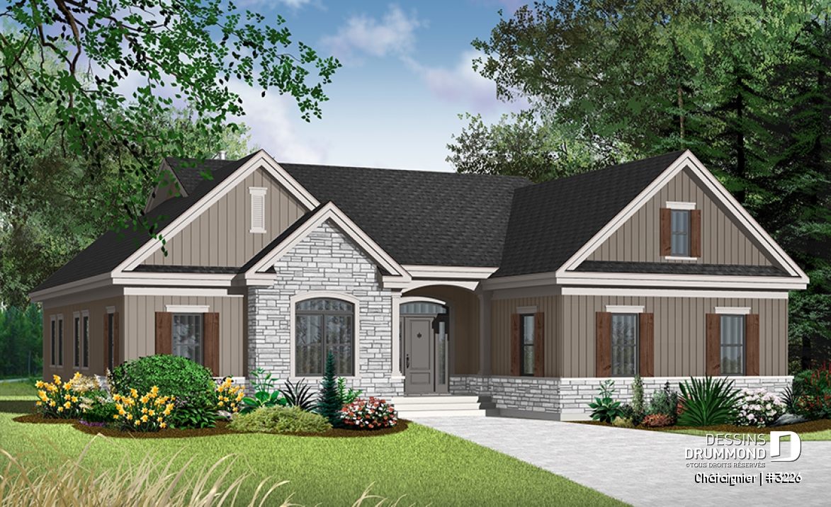 Vue avant - MODÈLE DE BASE - Plan de plain-pied américain 3 chambres, garage latéral double, superbe suite maîtres, foyer, buanderie - Châtaignier