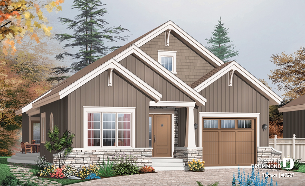 Vue avant - MODÈLE DE BASE - Plan maison de plain-pied Craftsman, 3 chambres, cuisine et séjour avec foyer, suite des maîtres, patio - Thomas