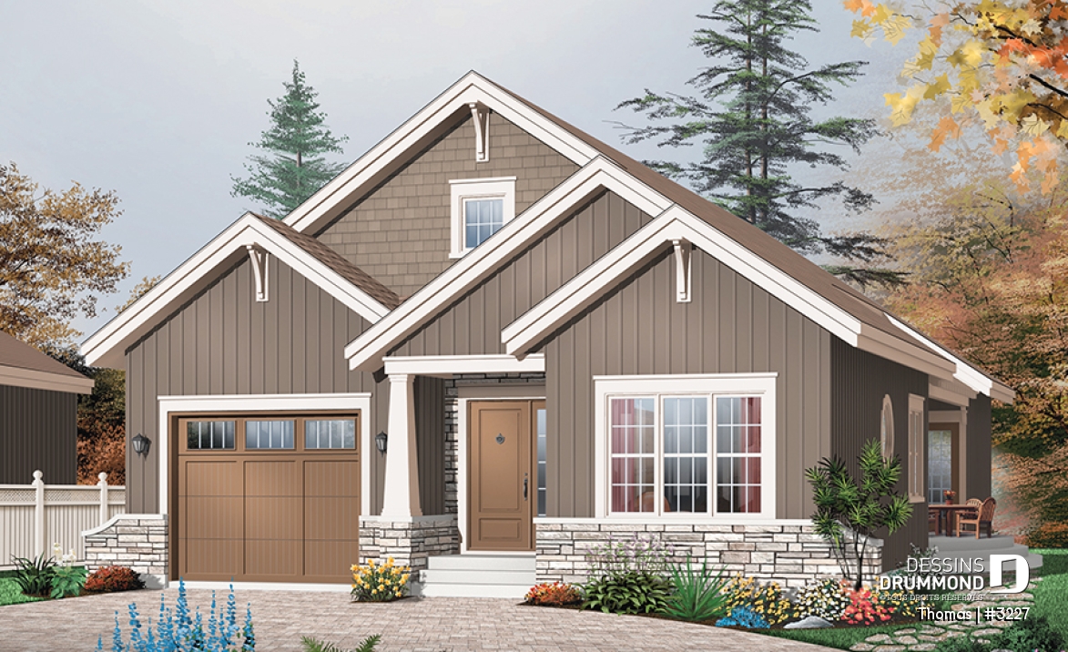 Vue avant - MODÈLE DE BASE - Plan maison de plain-pied Craftsman, 3 chambres, cuisine et séjour avec foyer, suite des maîtres, patio - Thomas