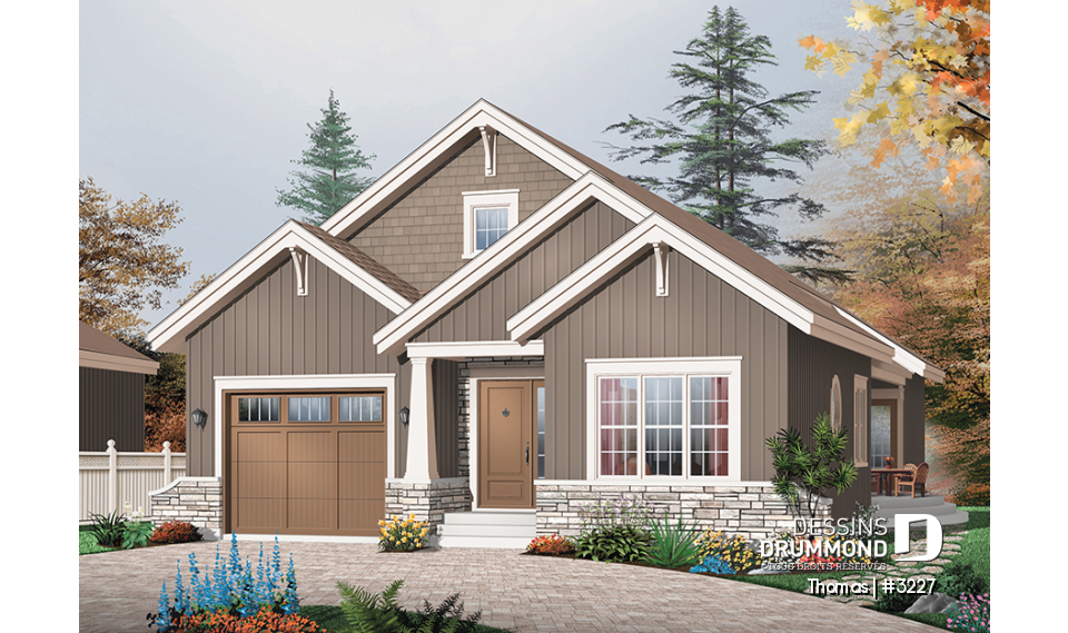 Vue avant - MODÈLE DE BASE - Plan maison de plain-pied Craftsman, 3 chambres, cuisine et séjour avec foyer, suite des maîtres, patio - Thomas