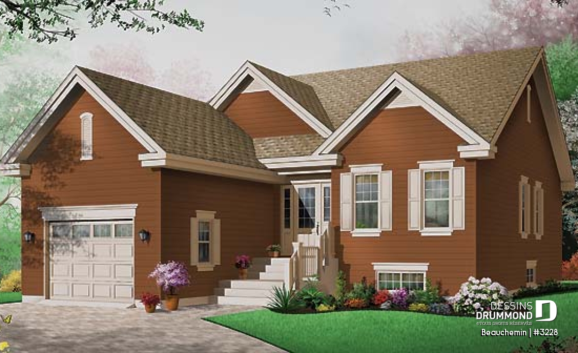 Vue avant - MODÈLE DE BASE - Plain-pied traditionnel idéal pour terrain étroit avec 3 chambres au même niveau, et garage - Beauchemin