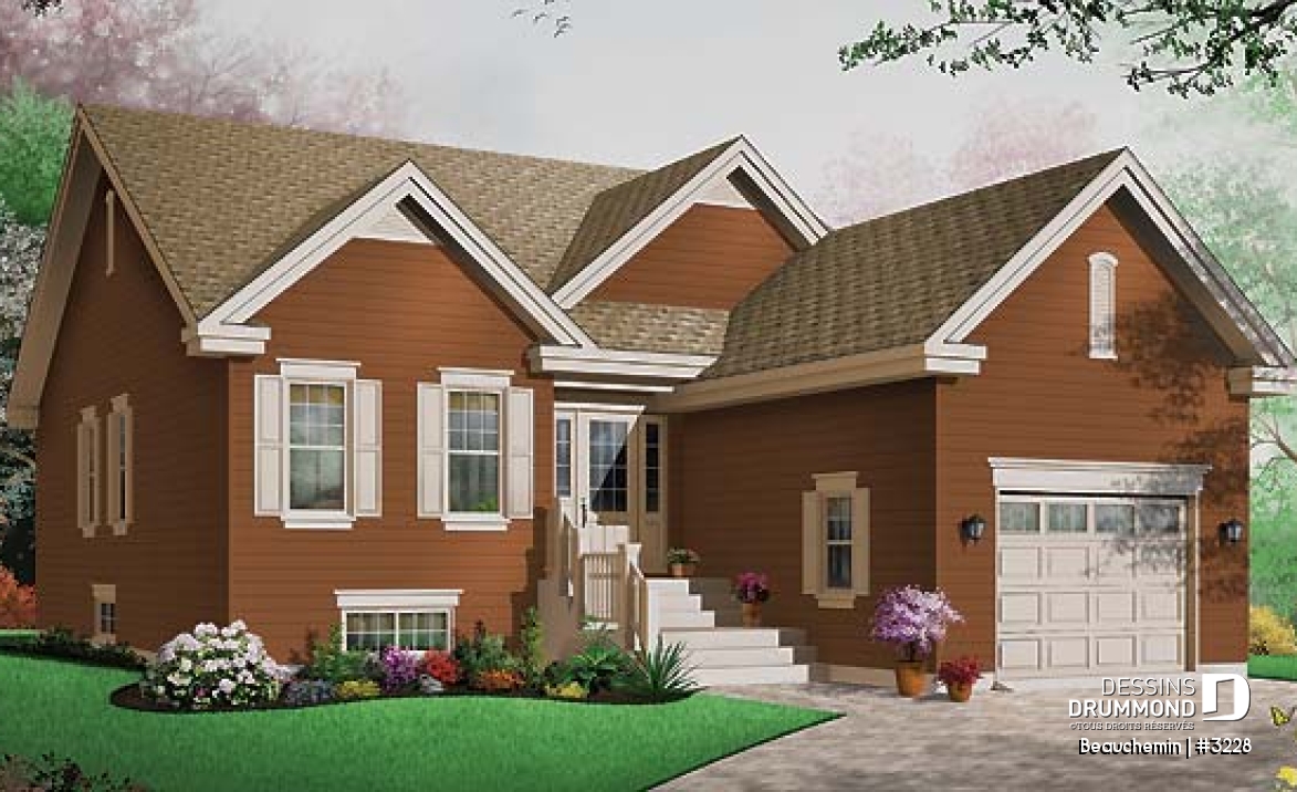 Vue avant - MODÈLE DE BASE - Plain-pied traditionnel idéal pour terrain étroit avec 3 chambres au même niveau, et garage - Beauchemin