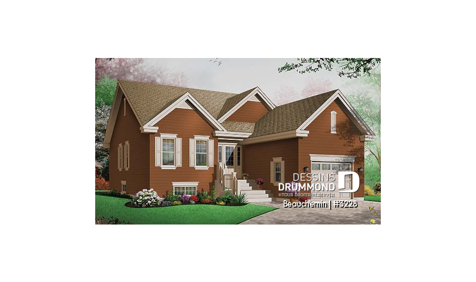 Vue avant - MODÈLE DE BASE - Plain-pied traditionnel idéal pour terrain étroit avec 3 chambres au même niveau, et garage - Beauchemin