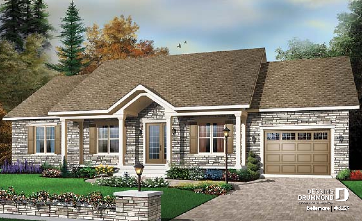 Vue avant - MODÈLE DE BASE - Plan de plain-pied américain 3 chambres au rez-de-chaussée, garage, grande galerie abritée à l'avant - Bellemare