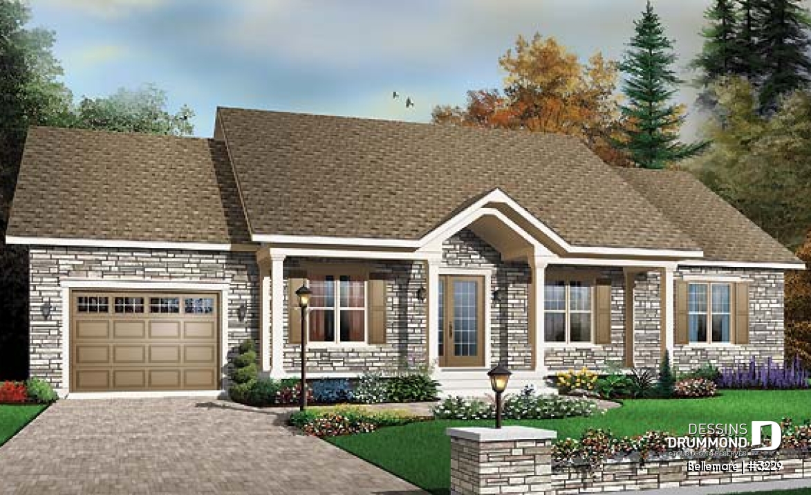 Vue avant - MODÈLE DE BASE - Plan de plain-pied américain 3 chambres au rez-de-chaussée, garage, grande galerie abritée à l'avant - Bellemare