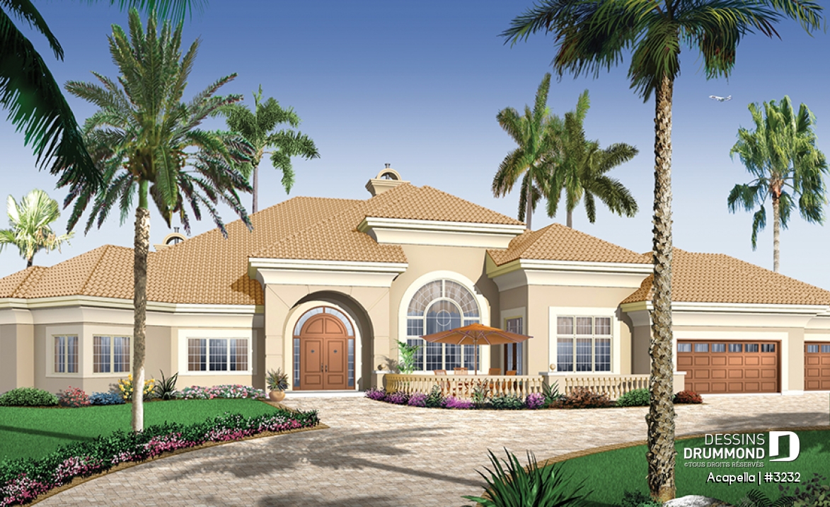 Vue avant - MODÈLE DE BASE - Plain-pied style Floride avec 3 à 4 chambres, plafond 10' et garage triple - Acapella