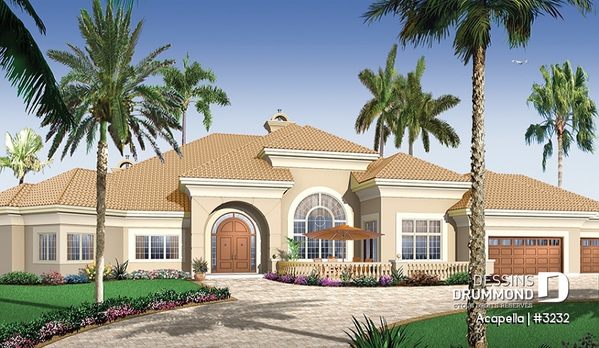 Vue avant - MODÈLE DE BASE - Plain-pied style Floride avec 3 à 4 chambres, plafond 10' et garage triple - Acapella