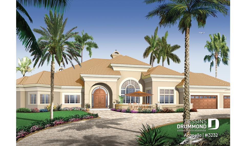 Vue avant - MODÈLE DE BASE - Plain-pied style Floride avec 3 à 4 chambres, plafond 10' et garage triple - Acapella