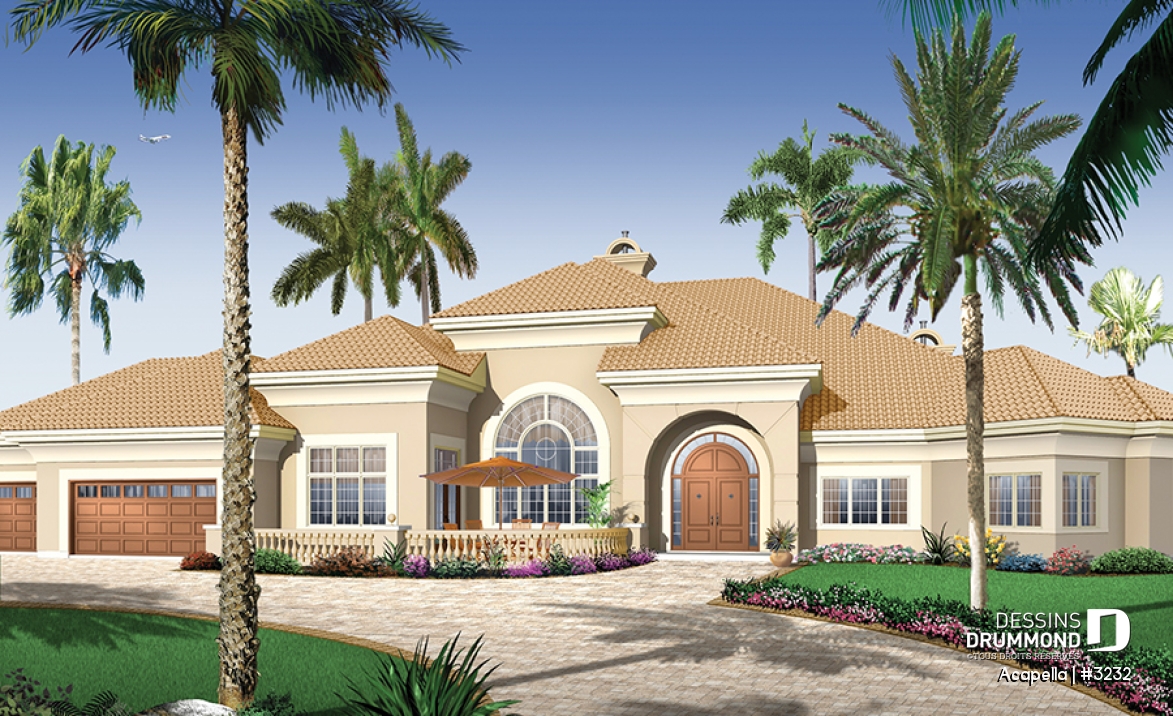 Vue avant - MODÈLE DE BASE - Plain-pied style Floride avec 3 à 4 chambres, plafond 10' et garage triple - Acapella