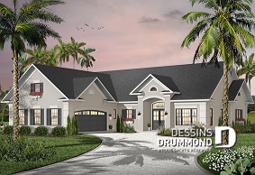 Vue avant - MODÈLE DE BASE - Grand plan de plain-pied, 3 chambres, garage double, terrasse abritée, foyer, grande buanderie, suite parents - Lombardo