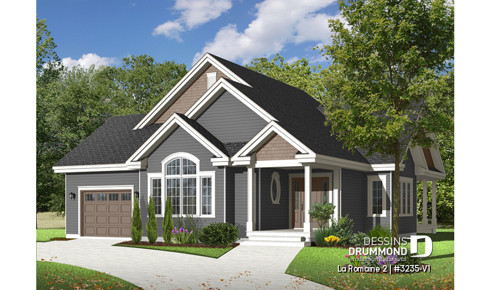 Version couleur no. 2 - Vue avant - Modèle de maison plain-pied 3 chambres, avec garage, terrasse couverte, vestibule fermé, aire ouverte - La Romaine 2