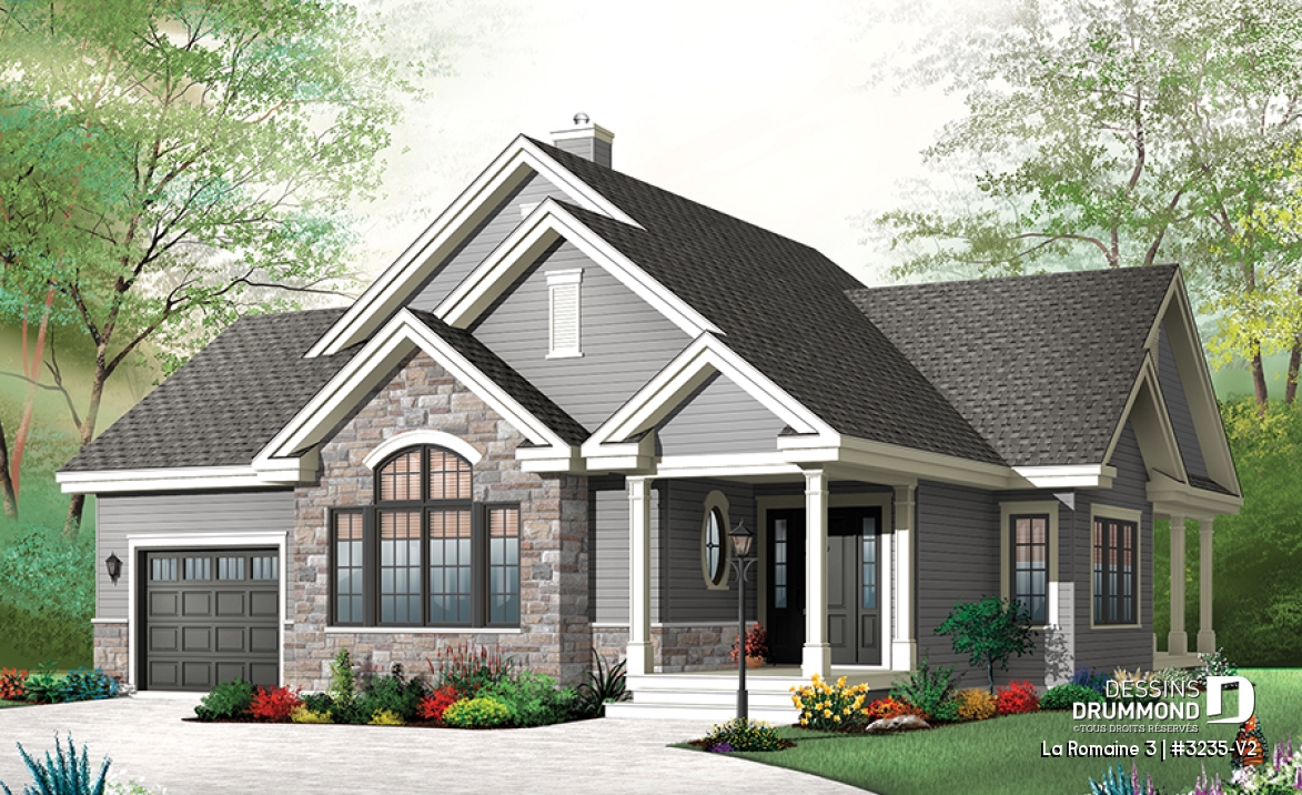 Vue avant - MODÈLE DE BASE - Plain-pied de style Craftsman, 2 chambres, sous-sol aménageable et garage - La Romaine 3