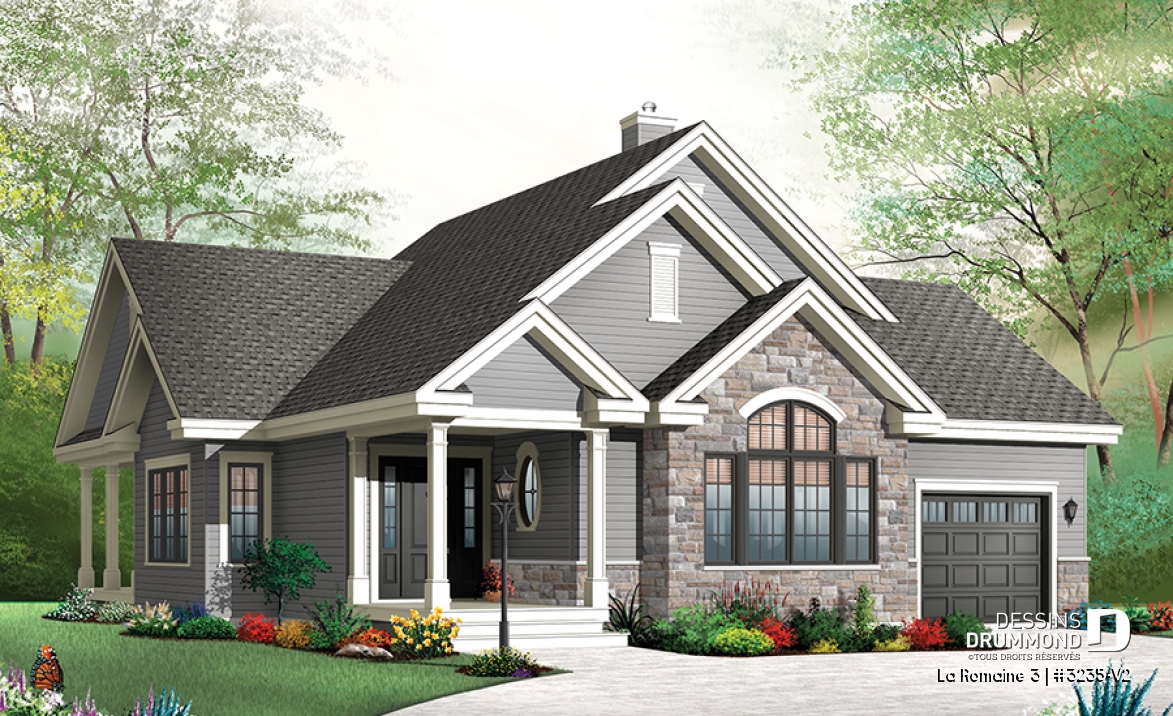 Vue avant - MODÈLE DE BASE - Plain-pied de style Craftsman, 2 chambres, sous-sol aménageable et garage - La Romaine 3