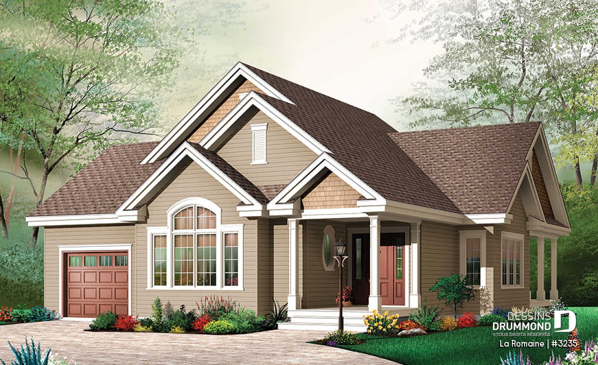 Vue avant - MODÈLE DE BASE - Magnifique plan de plain-pied 3 chambres au rez-de-chaussée, garage, terrasse couverte à l'arrière - La Romaine