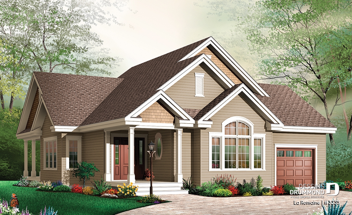 Vue avant - MODÈLE DE BASE - Magnifique plan de plain-pied 3 chambres au rez-de-chaussée, garage, terrasse couverte à l'arrière - La Romaine