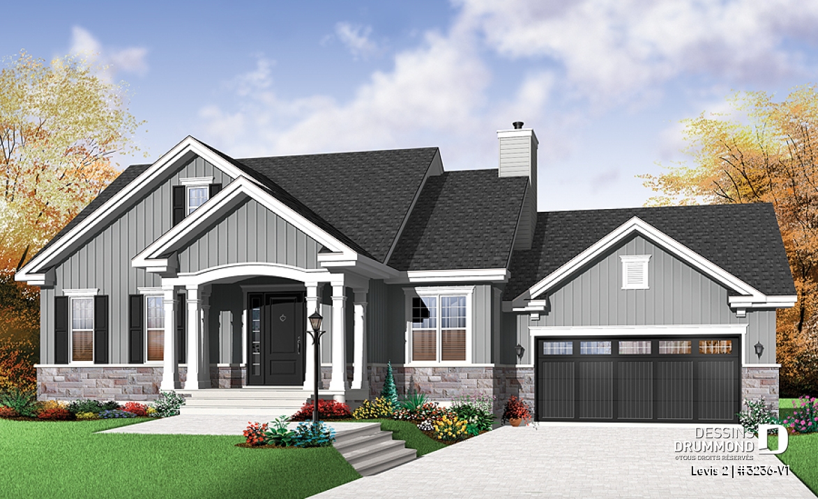 Vue avant - MODÈLE DE BASE - Plain-pied de style Craftsman, espace ouvert, foyer, garage double avec accès maison et sous-sol - Levis 2