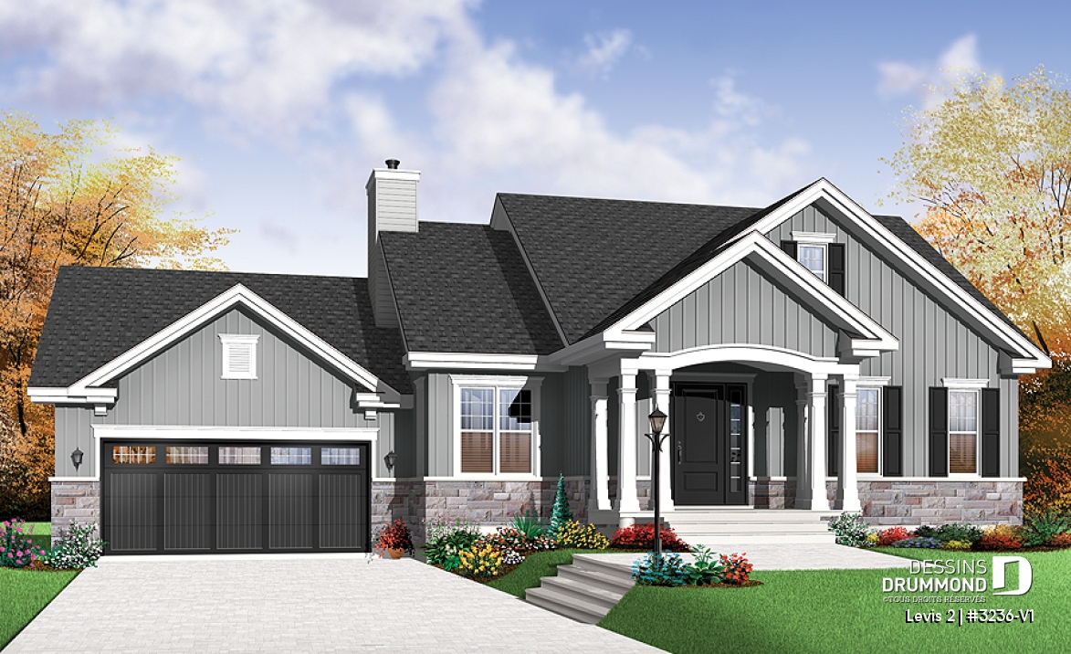 Vue avant - MODÈLE DE BASE - Plain-pied de style Craftsman, espace ouvert, foyer, garage double avec accès maison et sous-sol - Levis 2