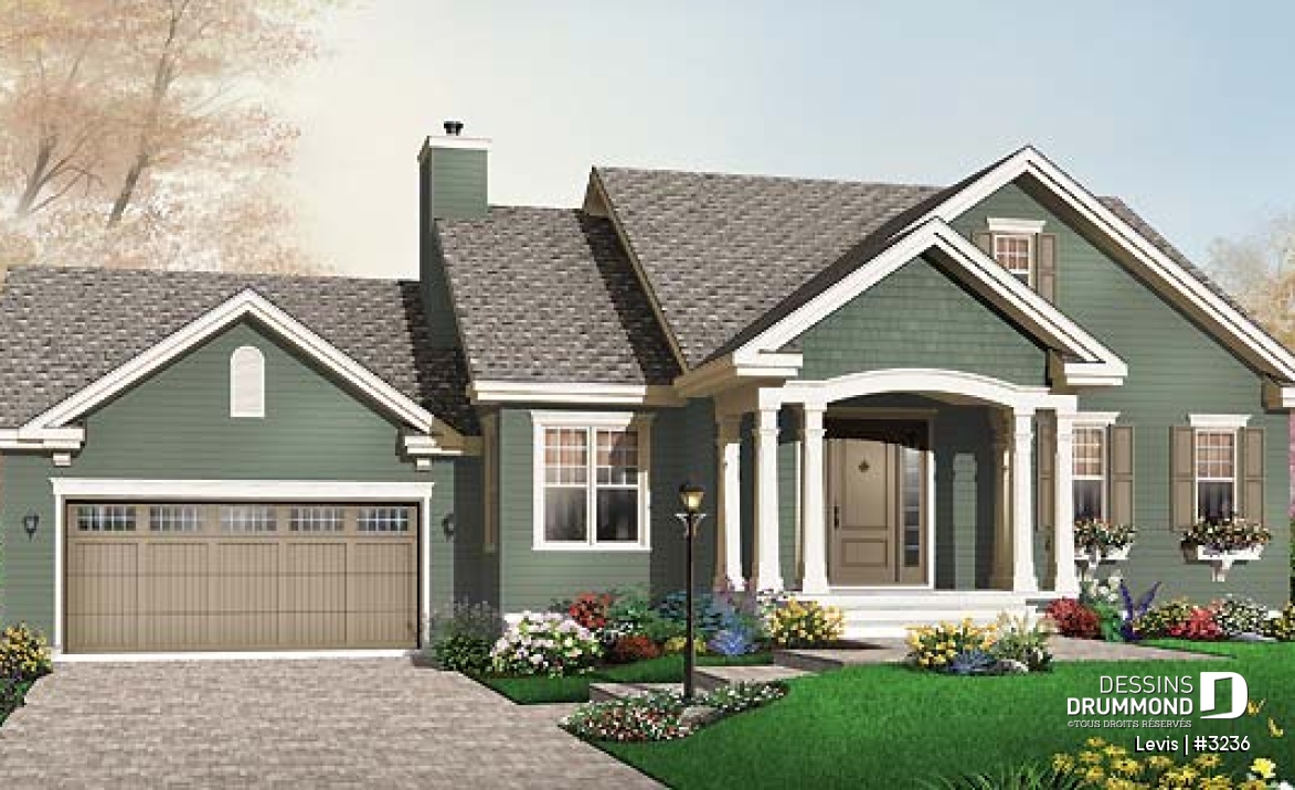 Vue avant - MODÈLE DE BASE - Maison style transitionnel, Secteur d'activités entièrement ouvert, garage double, 2 chambres, foyer - Levis