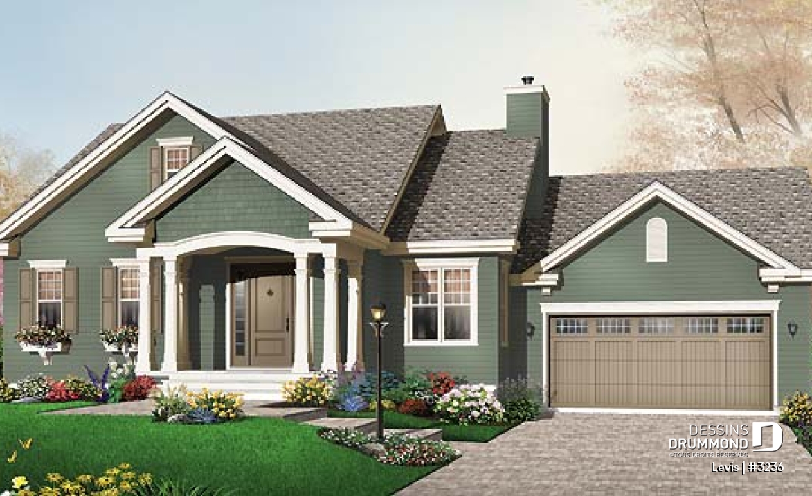 Vue avant - MODÈLE DE BASE - Maison style transitionnel, Secteur d'activités entièrement ouvert, garage double, 2 chambres, foyer - Levis