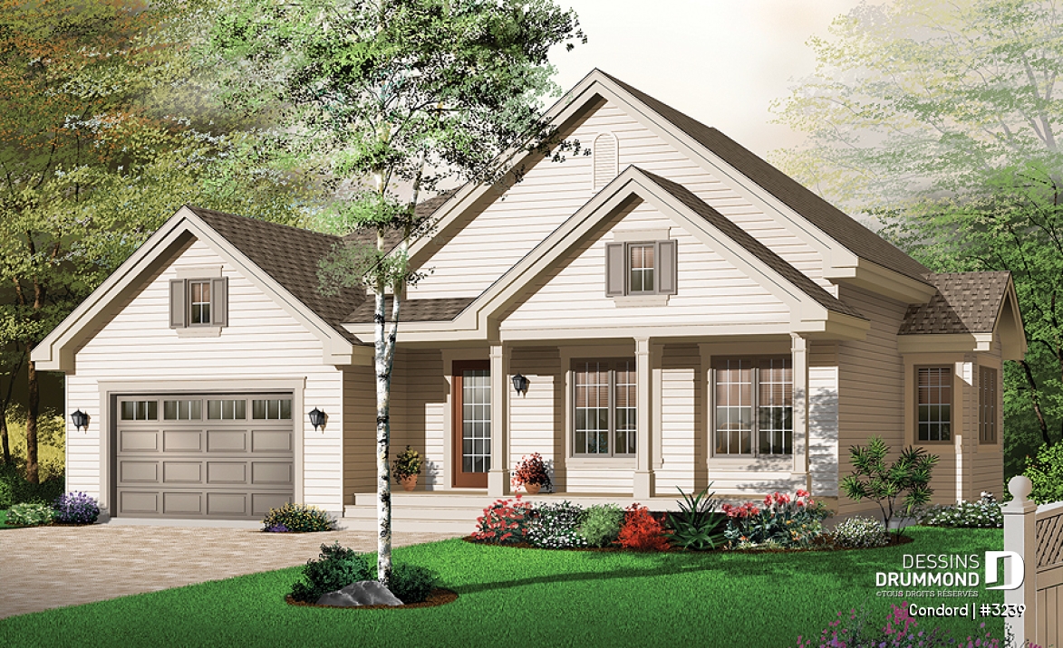 Vue avant - MODÈLE DE BASE - Bungalow de 2 chambres avec galerie couverte et grand garage - Condord