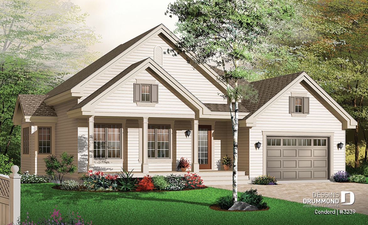 Vue avant - MODÈLE DE BASE - Bungalow de 2 chambres avec galerie couverte et grand garage - Condord