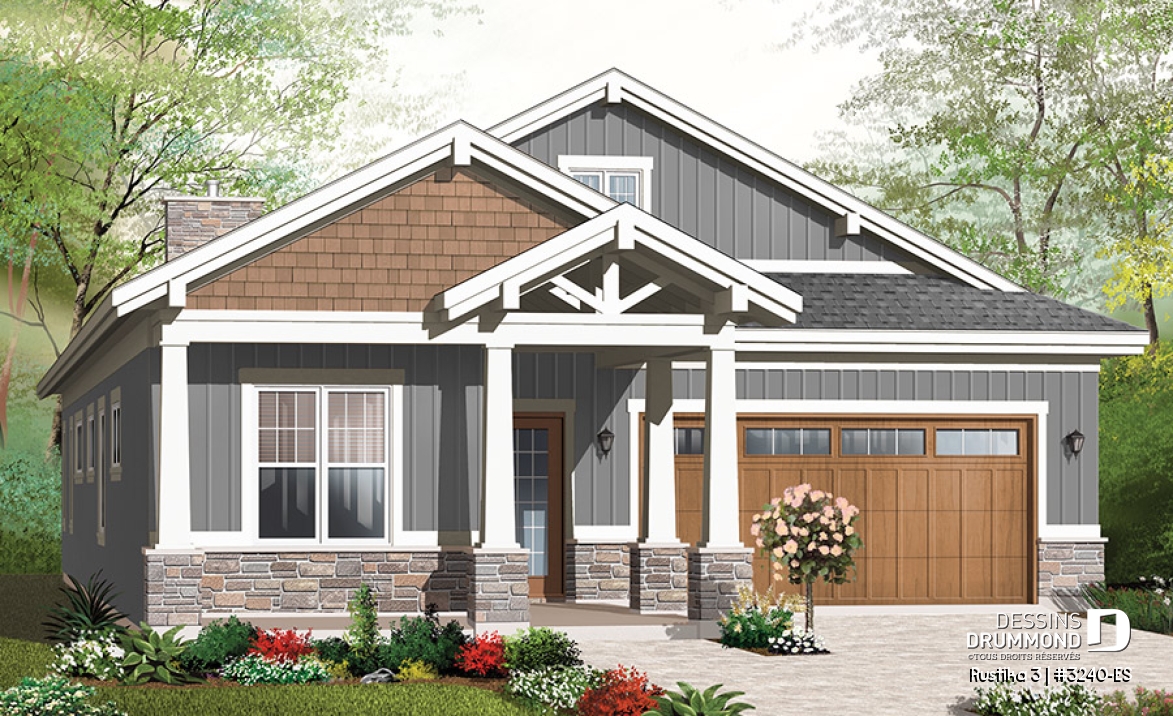 Vue avant - MODÈLE DE BASE - Plan de plain-pied Craftsman, 3 chambres, 2 sdb, plafond 9', dalle de béton, îlot, grande terrasse abrité - Rustika 3
