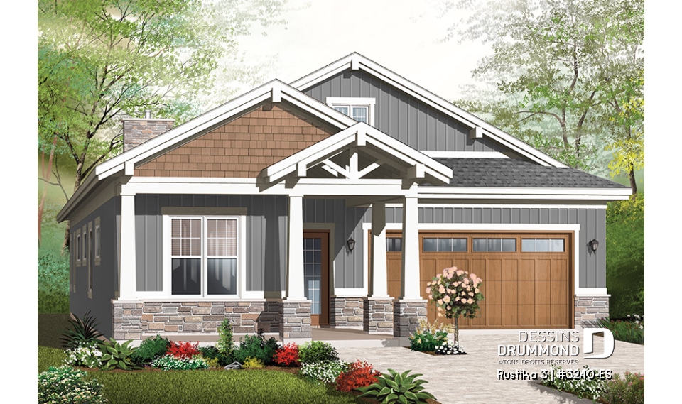 Vue avant - MODÈLE DE BASE - Plan de plain-pied Craftsman, 3 chambres, 2 sdb, plafond 9', dalle de béton, îlot, grande terrasse abrité - Rustika 3