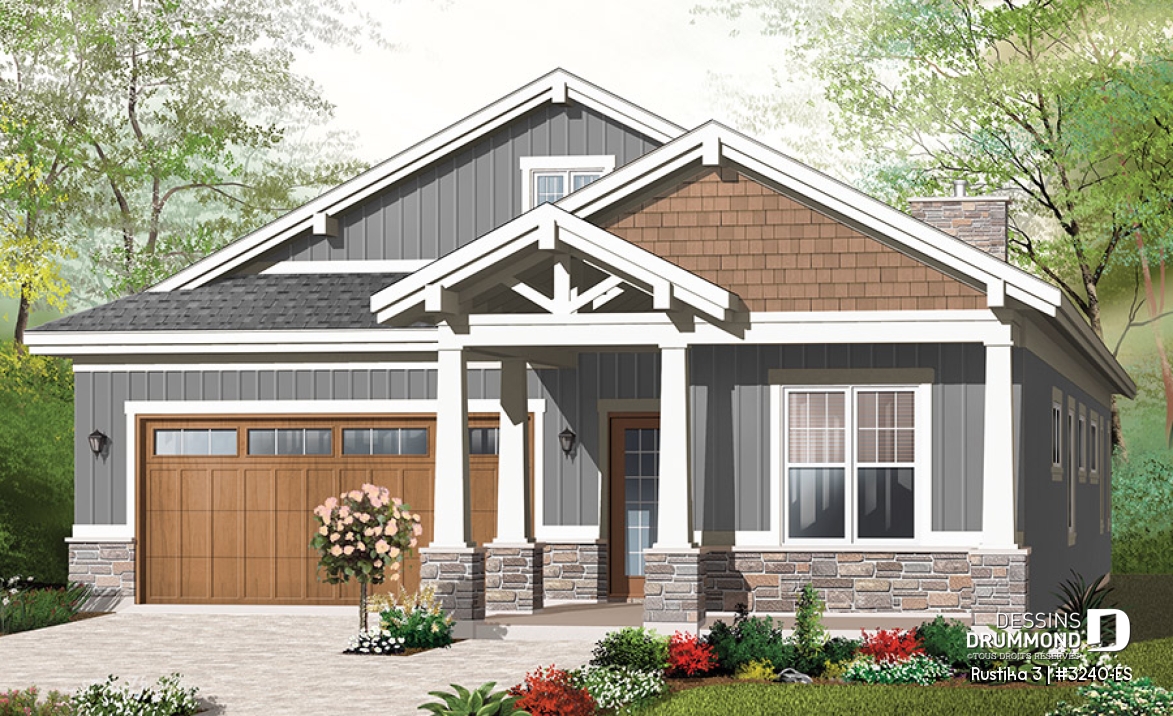 Vue avant - MODÈLE DE BASE - Plan de plain-pied Craftsman, 3 chambres, 2 sdb, plafond 9', dalle de béton, îlot, grande terrasse abrité - Rustika 3