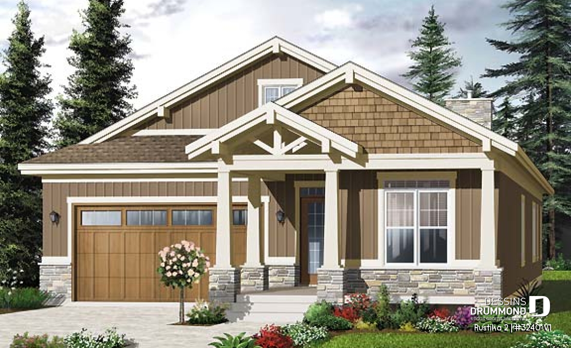 Vue avant - MODÈLE DE BASE - Plan de bungalow de style nordique, garage double, 3 chambres, grande terrasse abritée, foyer, aire ouverte - Rustika 2