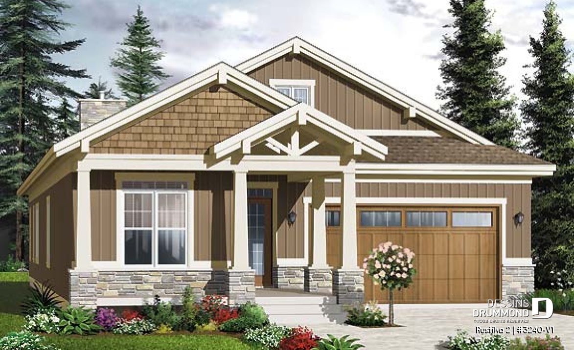 Vue avant - MODÈLE DE BASE - Plan de bungalow de style nordique, garage double, 3 chambres, grande terrasse abritée, foyer, aire ouverte - Rustika 2