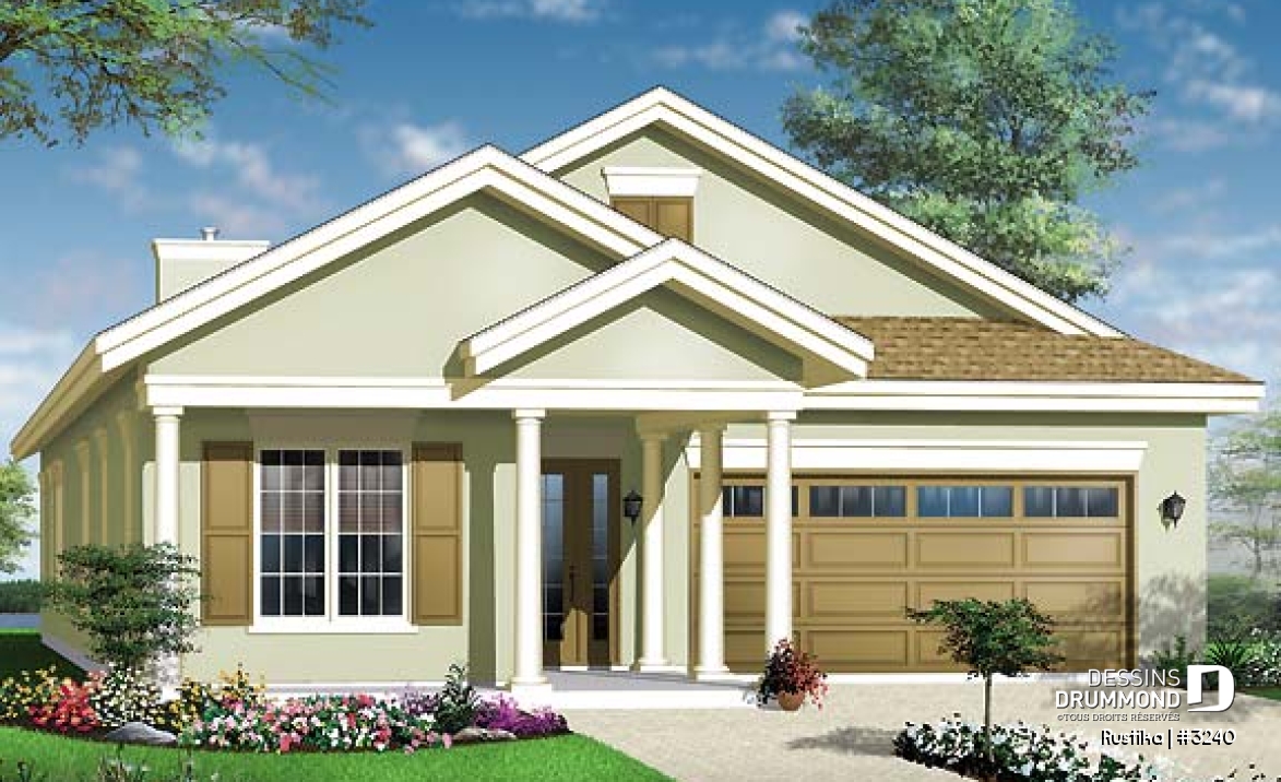 Vue avant - MODÈLE DE BASE - Plan de plain-pied sur dalle, 3 chambres, garage double, terrasse couverte, foyer, suite de maîtres - Rustika