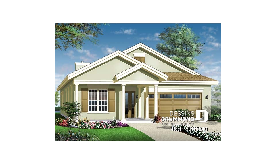 Vue avant - MODÈLE DE BASE - Plan de plain-pied sur dalle, 3 chambres, garage double, terrasse couverte, foyer, suite de maîtres - Rustika