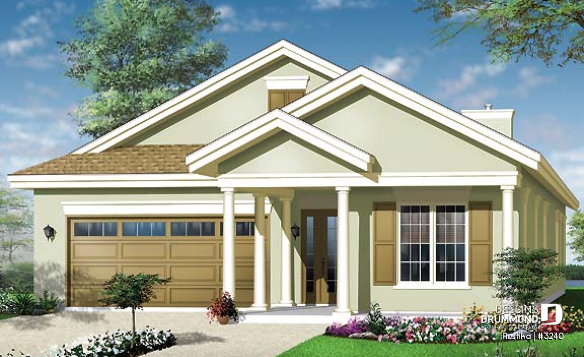 Vue avant - MODÈLE DE BASE - Plan de plain-pied sur dalle, 3 chambres, garage double, terrasse couverte, foyer, suite de maîtres - Rustika