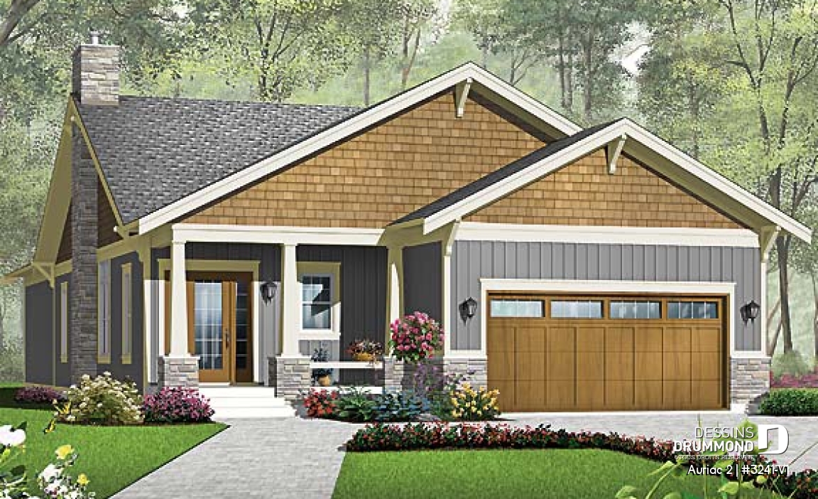 Vue avant - MODÈLE DE BASE - Plan de Maison américaine, garage double, 3 chambres, buanderie, grande terrasse couverte - Auriac 2