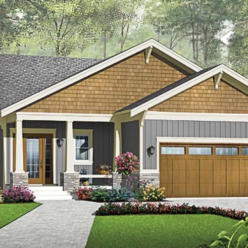 Vue avant - MODÈLE DE BASE - Plan de Maison américaine, garage double, 3 chambres, buanderie, grande terrasse couverte - Auriac 2