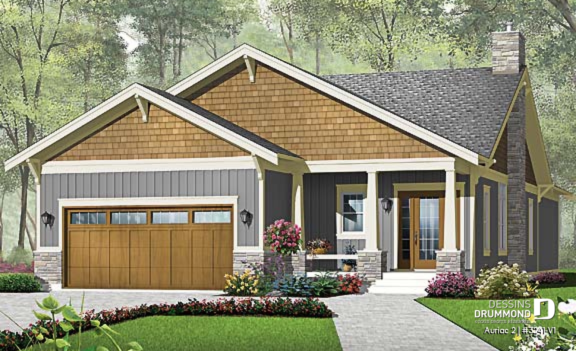 Vue avant - MODÈLE DE BASE - Plan de Maison américaine, garage double, 3 chambres, buanderie, grande terrasse couverte - Auriac 2