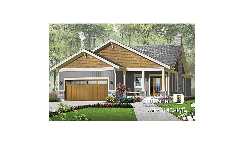 Vue avant - MODÈLE DE BASE - Plan de Maison américaine, garage double, 3 chambres, buanderie, grande terrasse couverte - Auriac 2