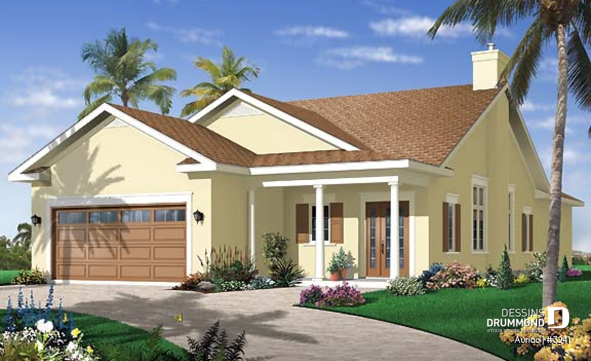 Vue avant - MODÈLE DE BASE - Plan de bungalow 3 chambres avec garage double, plafond de 9' et 11', terrasse abritée, buanderie, foyer - Auriac