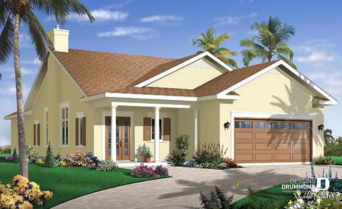 Vue avant - MODÈLE DE BASE - Plan de bungalow 3 chambres avec garage double, plafond de 9' et 11', terrasse abritée, buanderie, foyer - Auriac