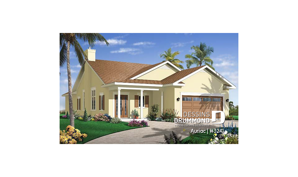 Vue avant - MODÈLE DE BASE - Plan de bungalow 3 chambres avec garage double, plafond de 9' et 11', terrasse abritée, buanderie, foyer - Auriac
