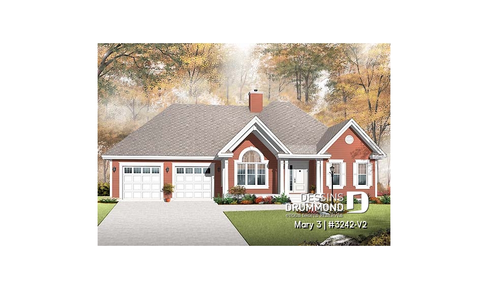 Vue avant - MODÈLE DE BASE - Plain-pied champêtre, garage double, foyer sur deux faces, superbe salle de bain - Mary 3