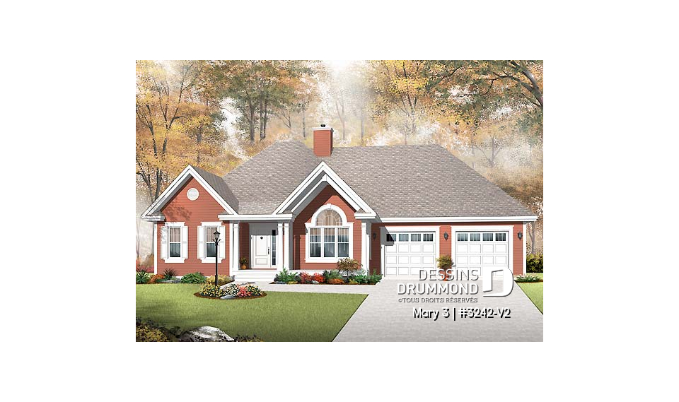 Vue avant - MODÈLE DE BASE - Plain-pied champêtre, garage double, foyer sur deux faces, superbe salle de bain - Mary 3